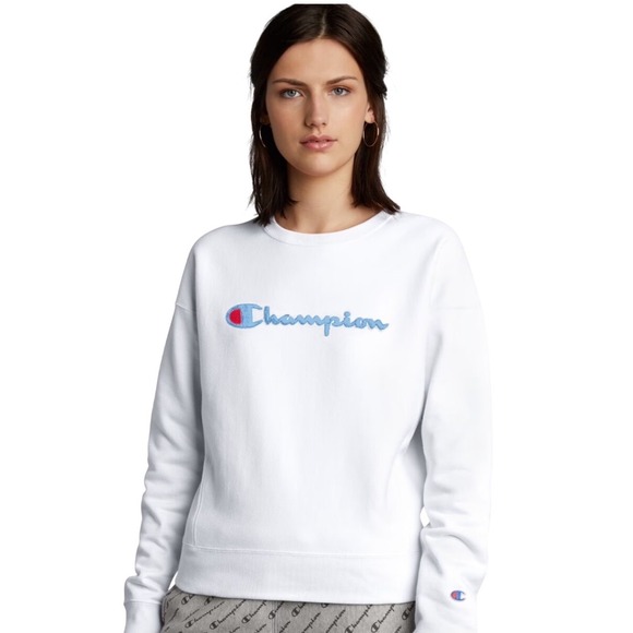 Champion Tops - Champion‎ Reverse Weave White Chenille Logo Sweatshirt Medium Sporty Y2K Vibe